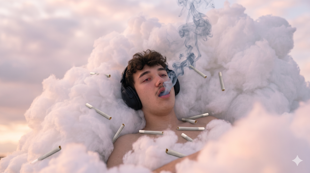 Smoker floating in sunset clouds with cigarettes
